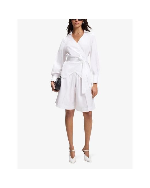 Boss White Wrap-Front Regular-Fit Cotton-Poplin Blouse