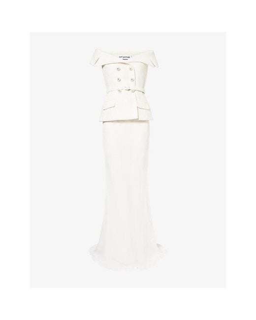 Self-Portrait White Off-Shoulder Belted Boucle And Crepe Maxi Dress