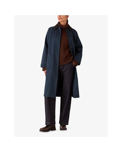 Whistles Blue Gabriella Contrast-Collar Relaxed-Fit Waxed Overcoat