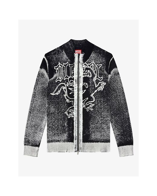 DIESEL Black Griffin Motif Zip-Up Cotton Cardigan for men