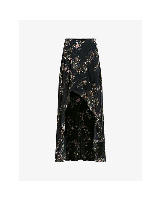 AllSaints Black Slvina Oto Floral-print Woven Maxi Skirt