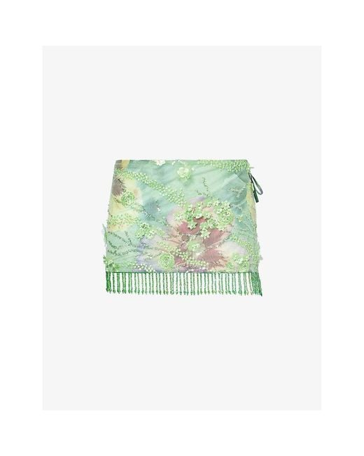 Jaded London Green Wrap Beaded Printed Mesh Sarong
