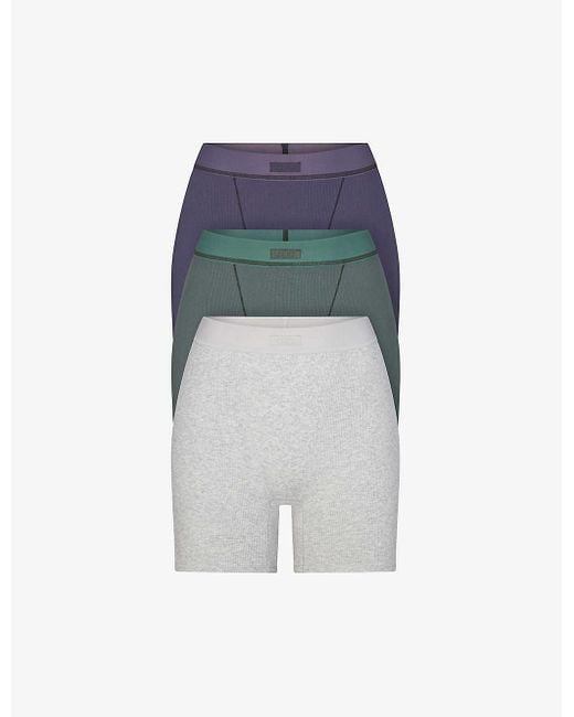 Skims Brand-patch Ribbed Stretch-cotton Boxer Shorts Pack Of Three