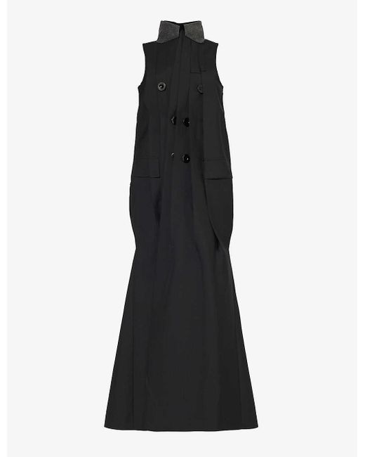 Sacai Black High-neck Double-breasted Woven Maxi Dress