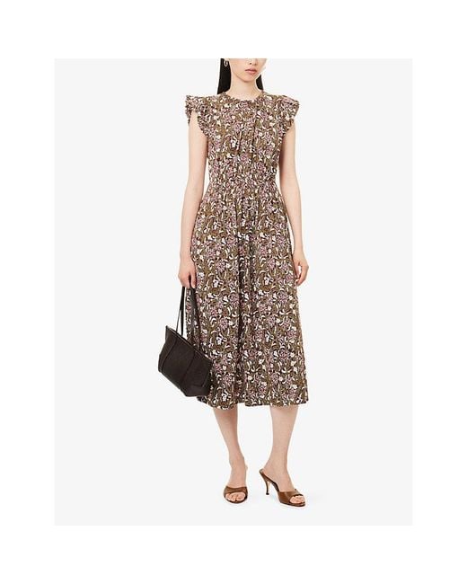 ME+EM Brown Overgrown Floral-Print Ruffle-Shoulder Cotton Midi Dress