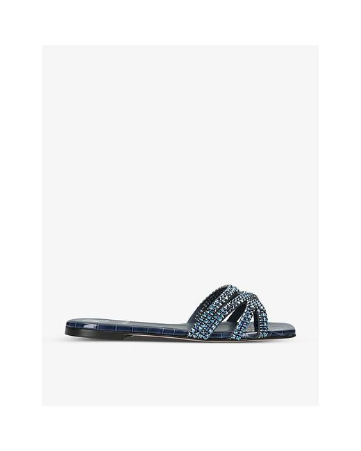 Gina Blue Portland Crystal-embellished Croc-embossed Leather Sandals