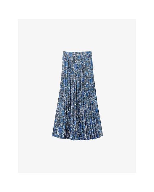 Sandro Blue Floral-print High-rise Woven Midi Skirt