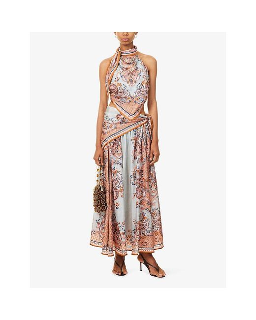 Zimmermann Pink Aster Scarf-Print Silk Midi Skirt