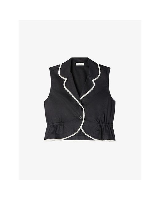 Sandro Black Beaded-Trim Sleeveless Cotton Top