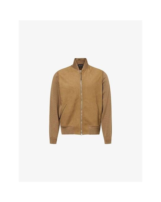 Tom Ford Natural Contrast-Knit Crewneck Leather Jacket for men