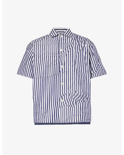 Sacai Blue Stripe-pattern Steeped-hem Boxy-fit Cotton-blend Shirt for men