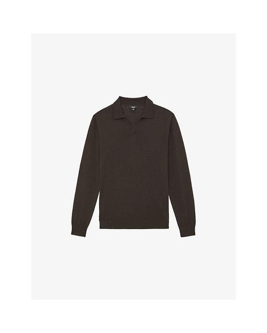 Reiss Black Milburn Open-Collar Merino Wool Polo Shirt for men