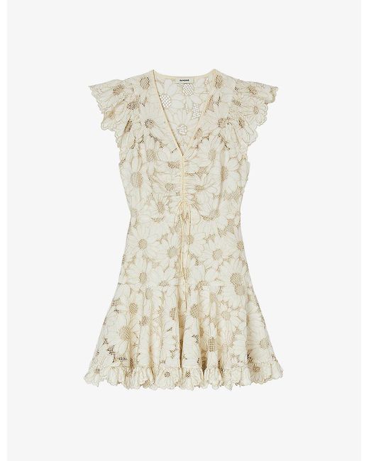 Sandro White Floral-lace Ruffle-trim Woven Mini Dress