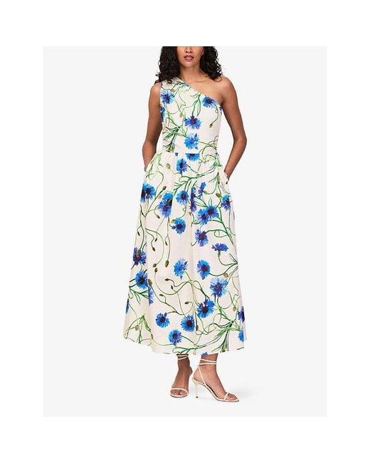 Ro&zo Blue Aubrey Floral One-Shoulder Stretch-Cotton Midi Dress