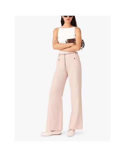 Maje Pink Wide-Leg Cord-Belt Tweed Trousers