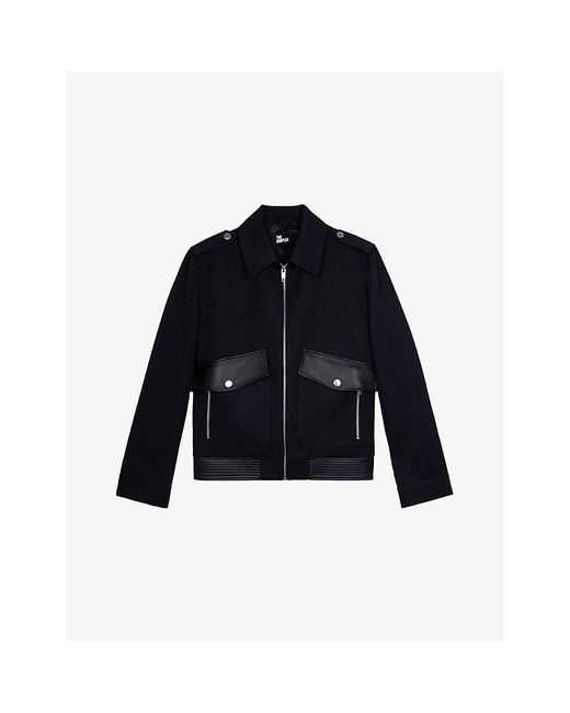 The Kooples Blue Flap-Pocket Leather-Trim Wool-Blend Jacket for men