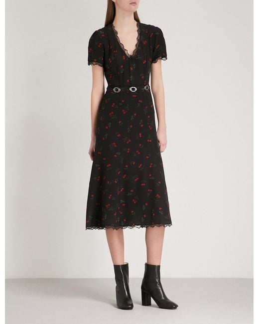 The Kooples Black Cherry-print Silk And Lace Dress