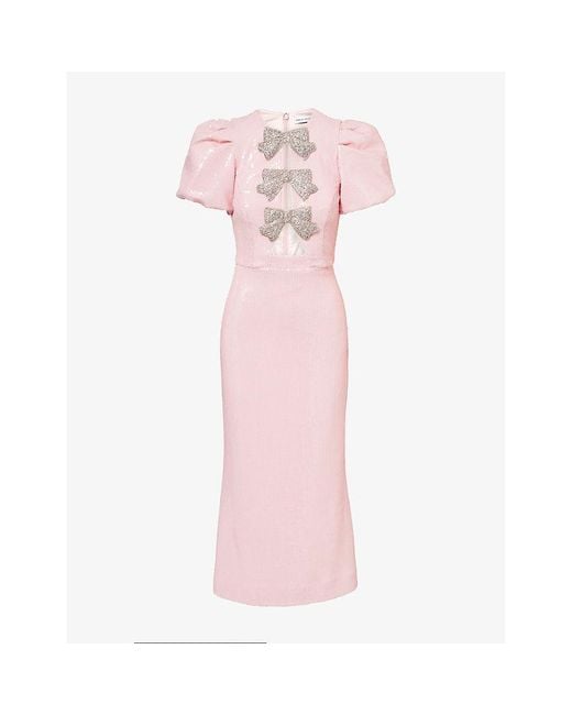 Rebecca Vallance Pink Lydia Diamante-Bow Sequin-Embellished Midi Dress