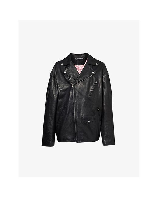 Acne Black Biker Brand-embossed Boxy-fit Leather Jacket for men
