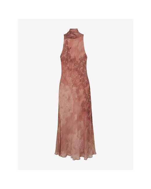 Reiss Purple Lacey Cape Floral-Print Crepe Maxi Dress