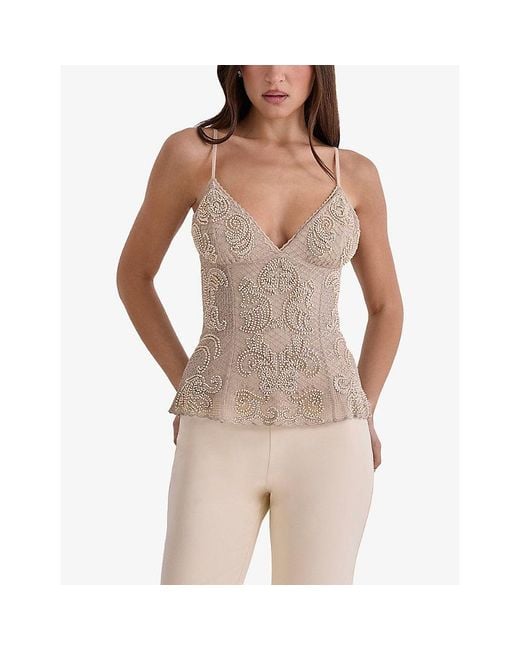 House Of Cb Natural Catarina Bead-Embellished Mesh Top