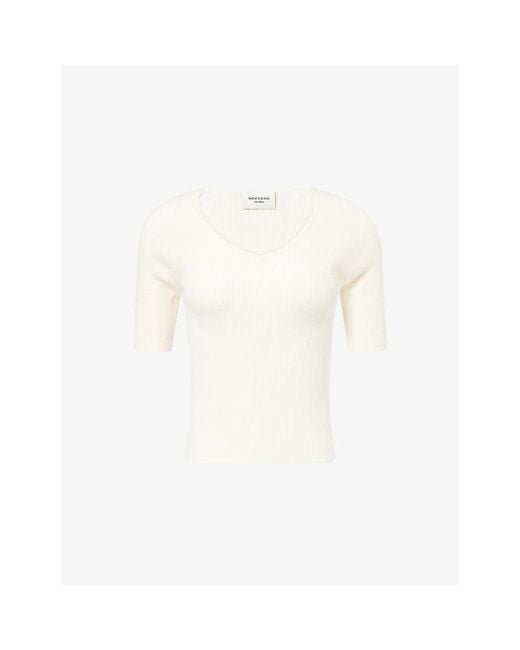Weekend by Maxmara White Rib-Knit V-Neck Rib-Knit V-Top