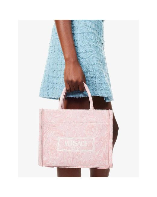 Versace Pink Logo-print Detachable-strap Woven Tote Bag