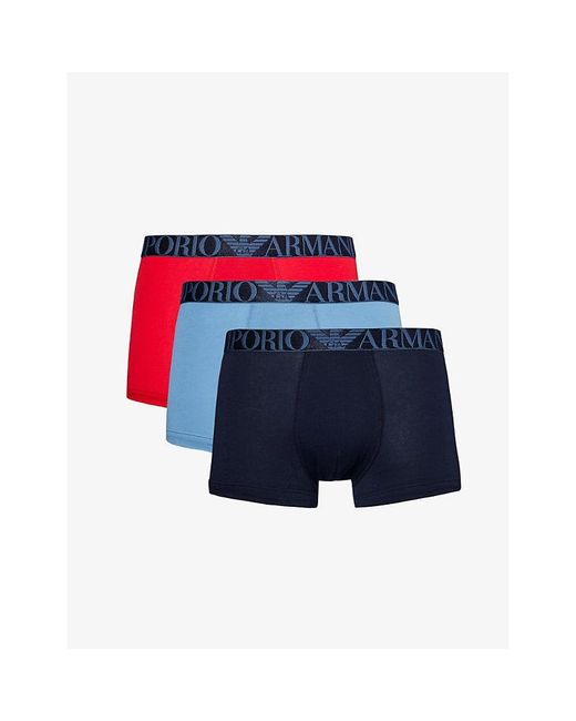 Emporio Armani Blue Logo-waistband Pack Of Three Stretch-cotton Trunks for men