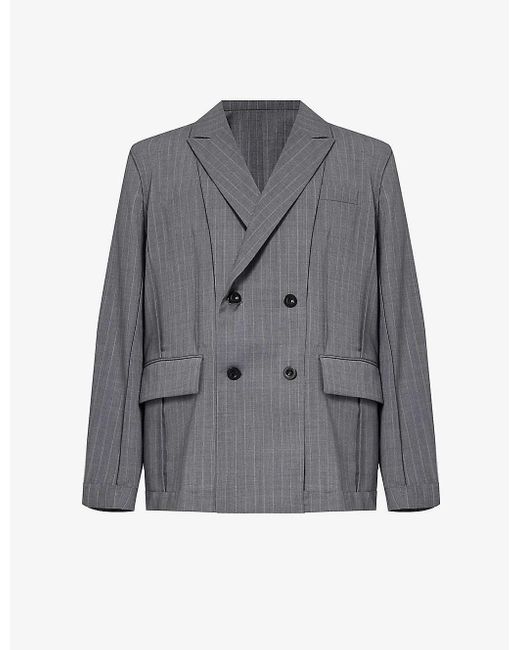 Sacai Gray Chalk Stripe-pattern Double-breasted Woven Jacket for men