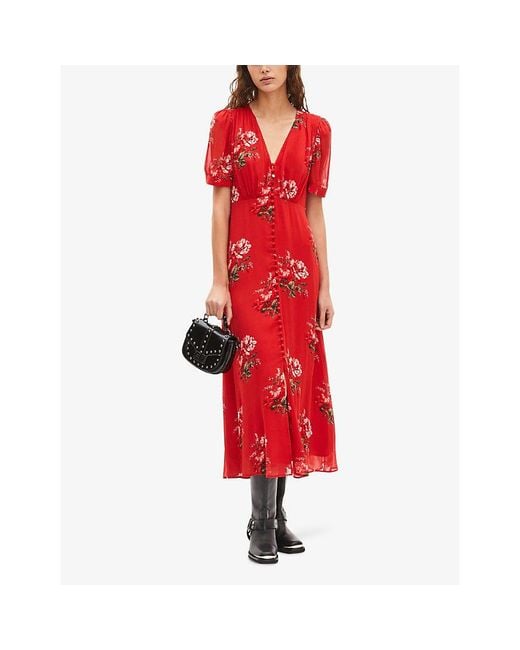 The Kooples Red V-Neck Floral-Print Woven Maxi Dress