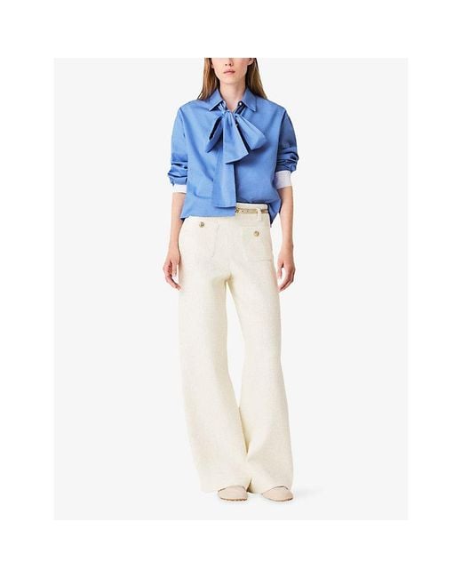 Maje White Straight-Leg High-Rise Tweed Cotton-Blend Trousers