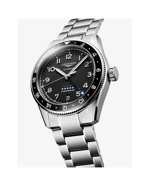 Longines Black L3.802.4.53.6 Spirit Zulu Time Ceramic Bezel Stainless-Steel Automatic Watch for men