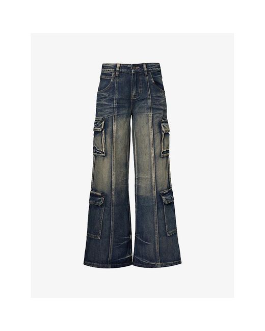 Jaded London Blue Cargo Low-wise Wide-leg Jeans