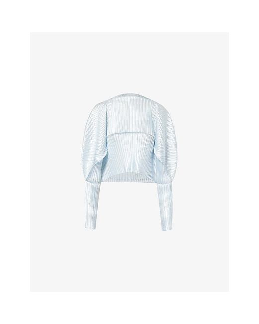 Issey Miyake Glossed Metal Pleats Long-Sleeves Knitted Top in Blue