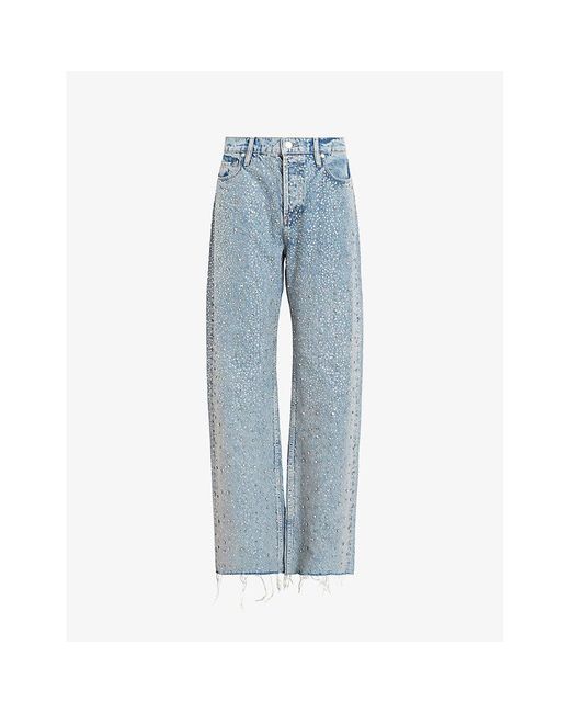 AllSaints Blue Wendel Crystal-embellished Wide-leg High-rise Stretch-denim Jeans