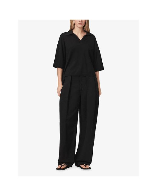 AllSaints Black Bern Polo-Collar Wool Top