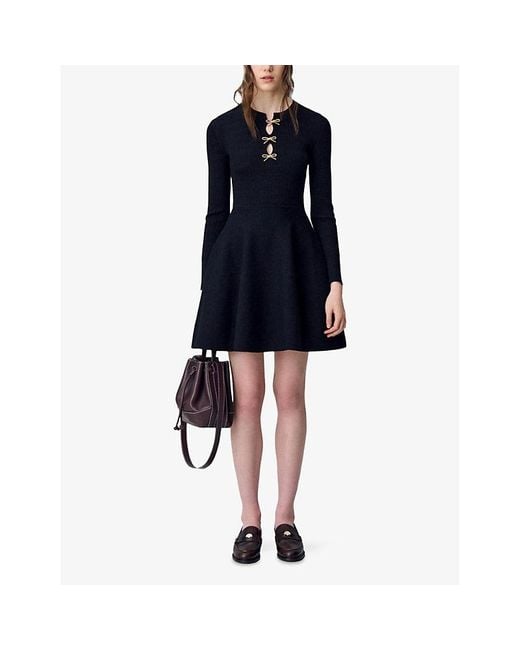 Claudie Pierlot Black Knot Long-Sleeve Stretch-Knit Mini Dress