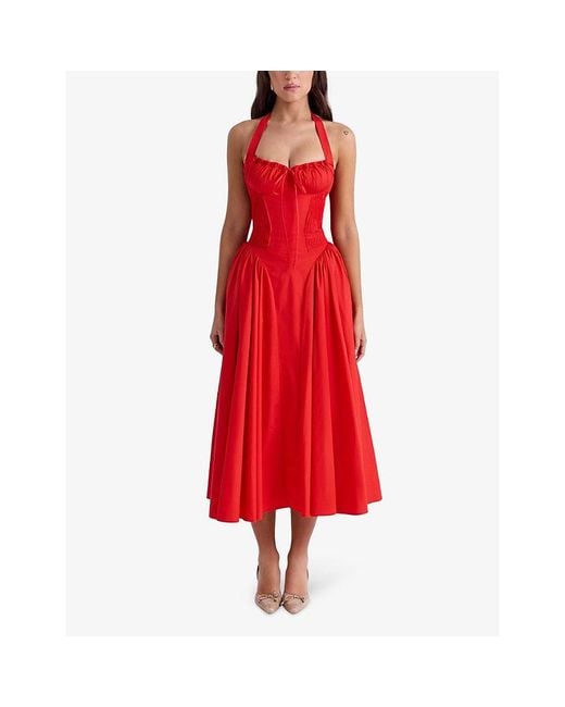 House Of Cb Red Adabella Flower-Pint Cotton-Blend Midi Dress