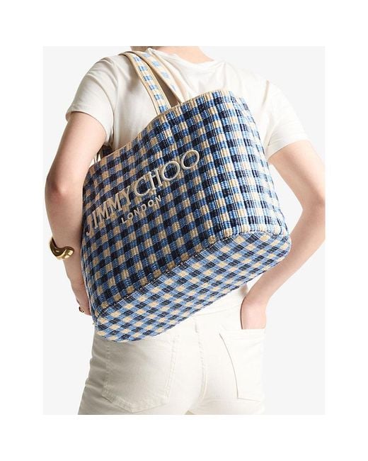 Jimmy Choo Blue East-West Beach Raffia Tote Bag