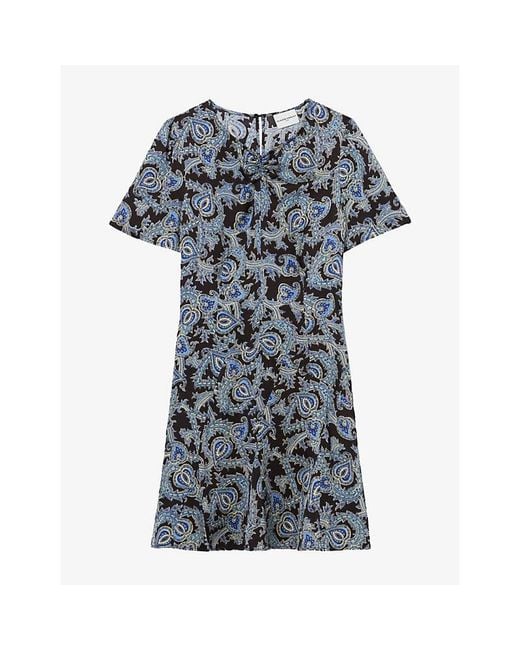 Claudie Pierlot Blue Paisley Short-Sleeved Woven Mini Dress