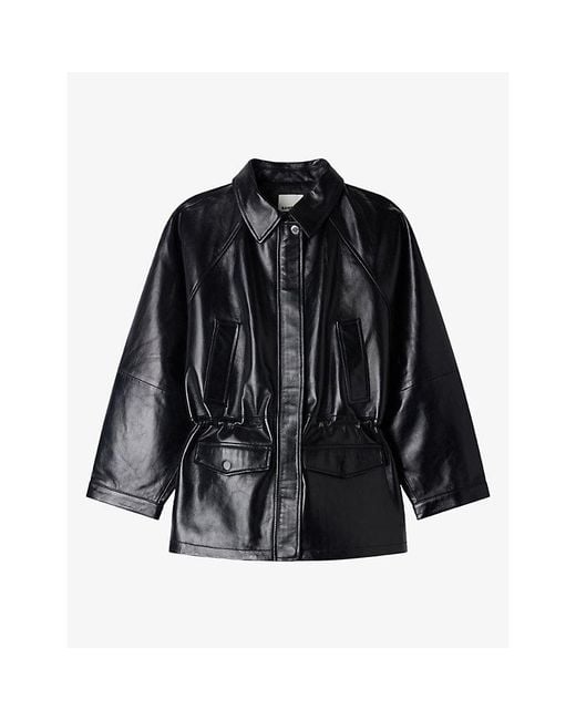Sandro Black Side-Pocket Elasticated-Waist Leather Jacket