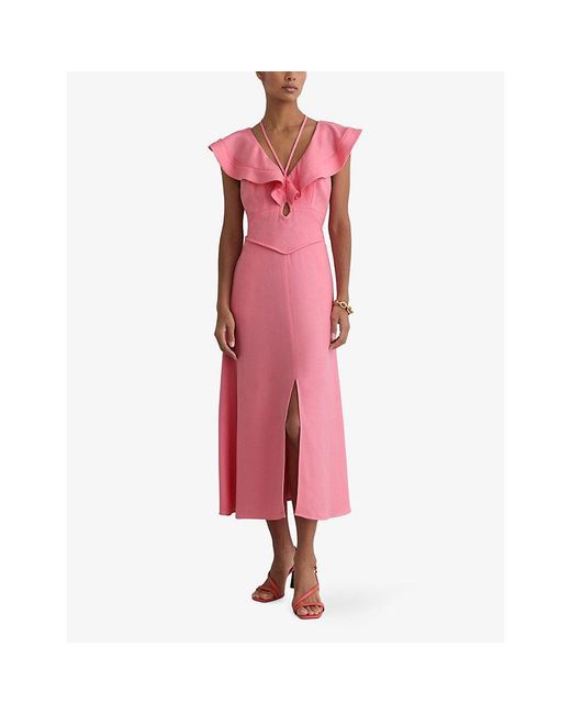 Reiss Pink Giselle Ruffled Woven Midi Dress