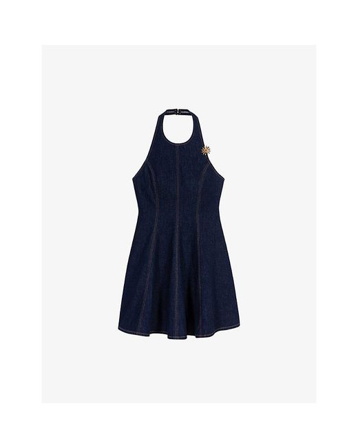 Maje Blue Halterneck Flower-Brooch Denim Mini Dress