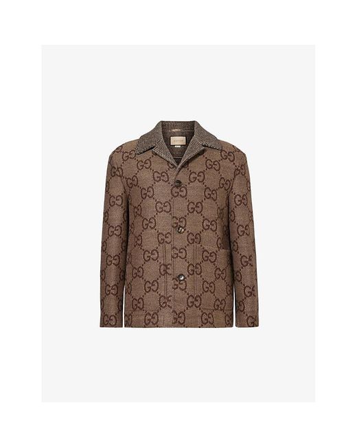 Gucci Brown Monogram-pattern Wide-collar Wool Jacket for men