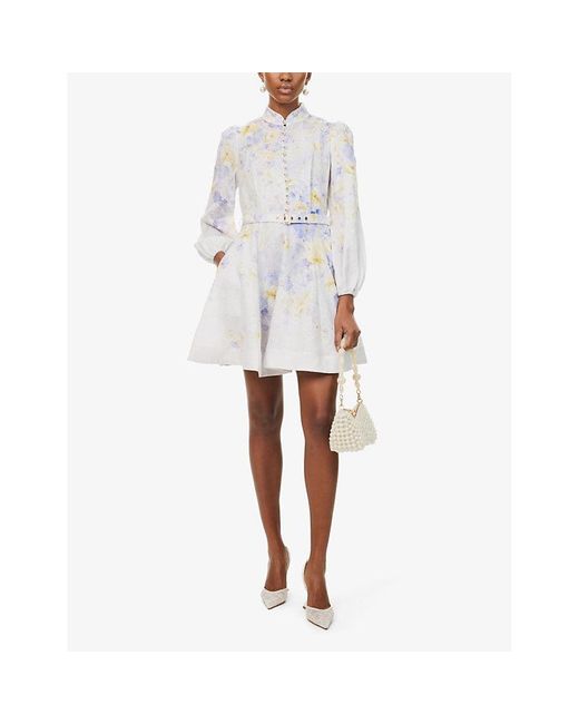 Zimmermann White Crush Floral-Pattern Buttoned Linen Mini Dress