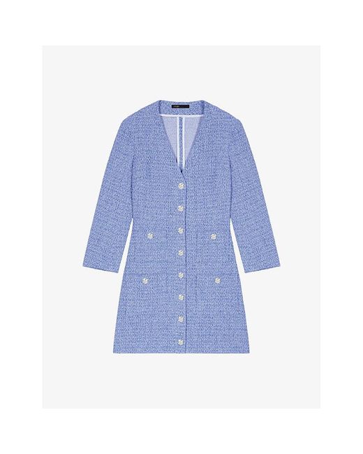 Maje Blue Patch-pocket V-neck Tweed Mini Dress