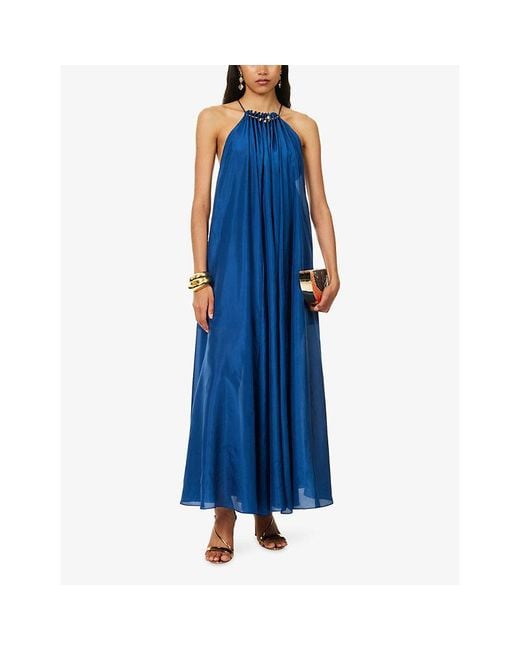 Zimmermann Blue Aster Gathered-Bead Silk Maxi Dress