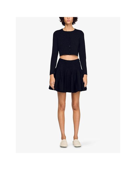 Sandro Black Round-Neck Cropped Knitted Cardigan