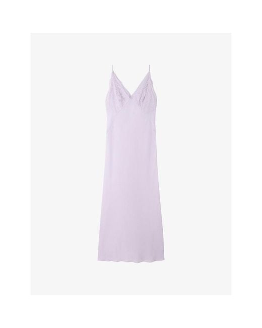 Sandro Purple Sleeveless Lace-Embroidered Satin Maxi Dress