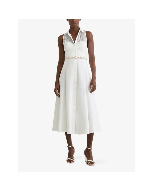 Reiss White Hera Broderie-Detail Stretch-Cotton Midi Dress
